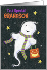 Grandson Halloween Cute Ghost with Jack o Lantern Bag card