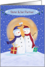 Sister and her Partner Christmas Snowmen Blue Sky Moon card