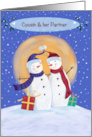 Cousin and her Partner Christmas Snowmen Blue Sky Moon card