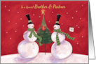 Brother and Partner Christmas Snowmen with Tree and Gifts card