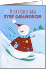 Step Grandson Merry Christmas Skiing Snowman card