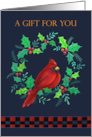 Gift Money Card Christmas Red Cardinal in Holly Wreath card