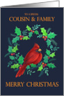 Cousin and Family Christmas Holiday Red Cardinal in Wreath card