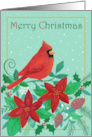 Merry Christmas Red Cardinal & Poinsettia Flowers card