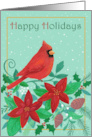 Happy Holidays Red Cardinal & Poinsettia Flowers card