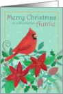 Auntie Christmas Red Cardinal & Poinsettia Flowers card