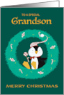 Grandson Christmas Penguin in Wreath card