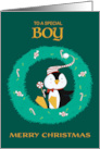 Special Boy Christmas Penguin in Wreath card