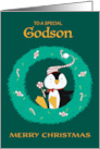 Godson Christmas Penguin in Wreath card