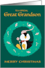 Great Grandson Christmas Penguin in Wreath card