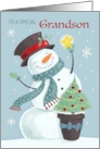 Grandson Christmas Holiday Snowman Hat and Star card