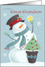 Great Grandson Christmas Holiday Snowman Hat and Star card