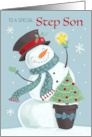 Step Son Christmas Holiday Snowman Hat and Star card