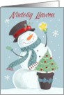 Welsh Christmas Nadolig Llawen Snowman Hat and Star card