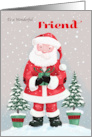 Friend Santa Claus with Gift and Trees card