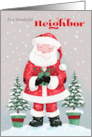 Neighbor Santa Claus with Gift and Trees card