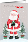 Son Santa Claus with Gift and Trees card