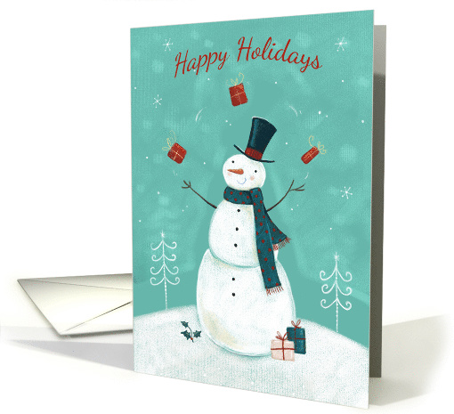 Happy Holidays Christmas Snowman Juggling Presents in the Snow card