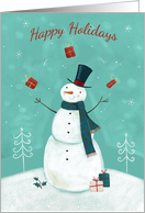 Happy Holidays Christmas Snowman Juggling Presents in the Snow card