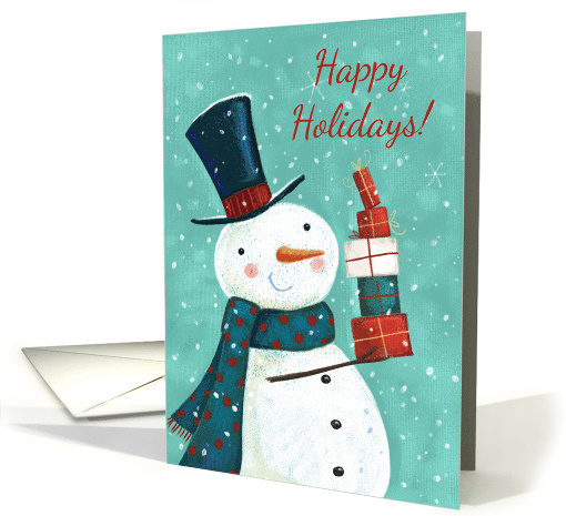 Happy Holidays Christmas Snowman Carrying a Stack of Presents card