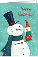 Happy Holidays Christmas Snowman Carrying a Stack of Presents card