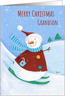 Grandson Christmas Snowman Skiing card