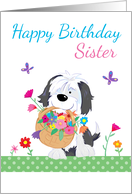 Happy Birthday Sister Cute Dog Flowers card