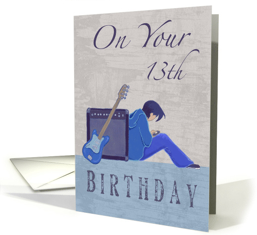 On Your 13th Birthday Teen Boy Guitar with Distressed Text card