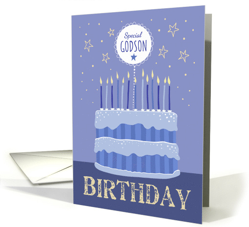 Special Godson Birthday Cake Candles and Stars Distressed Text card