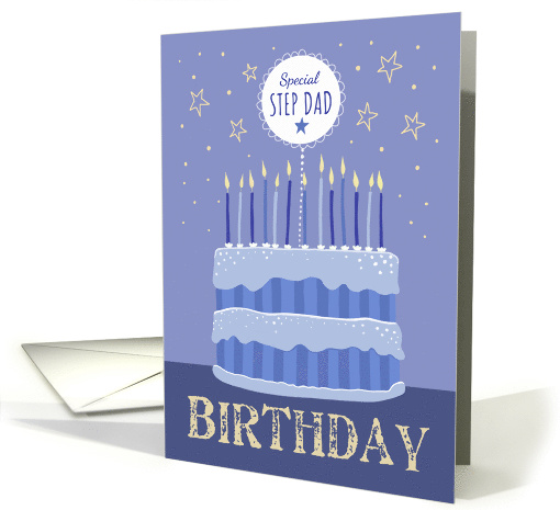 Special Step Dad Birthday Cake Candles and Stars Distressed Text card