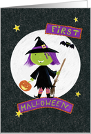 Happy First Halloween Cute Witch Bat Moon card