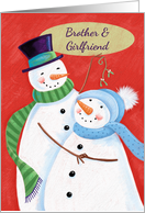 Brother & Girlfriend Snowman Couple with Mistletoe card