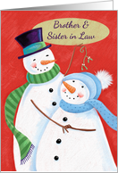 Brother & Sister in Law Snowman Couple with Mistletoe card