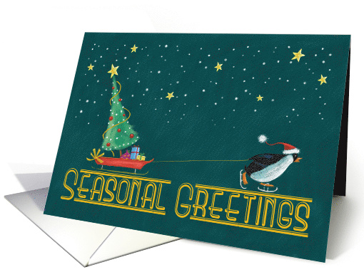 Seasonal Greetings Penguin with Red Sleigh card (1590008)