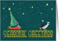 Seasonal Greetings Penguin with Red Sleigh card