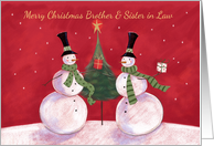 Merry Christmas Brother and Sister in Law Snowmen with Tree and Gifts card