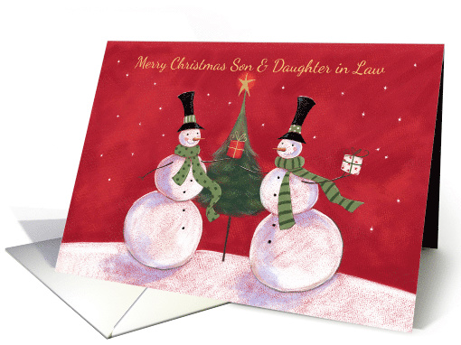 Son & Daughter in Law Christmas Snowmen with Tree and Gifts card