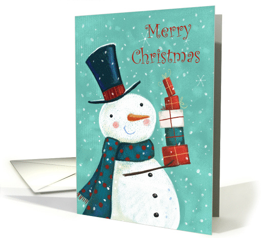 Merry Christmas Snowman Carrying a Stack of Presents card (1590256)