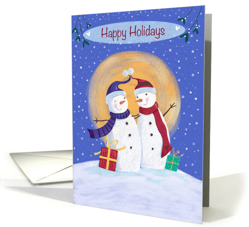 Happy Holidays Christmas Snowmen blue sky moon card (1590666)