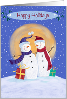 Happy Holidays Christmas Snowmen blue sky moon card