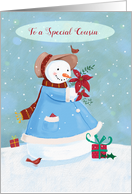 Special Cousin Christmas Snowlady holding Poinsettia flowers card