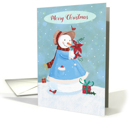 Merry Christmas Snowlady holding Poinsettia flowers card (1590684)