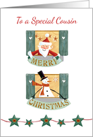 Special Cousin Christmas Santa and Snowman Windows card