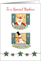 Special Nephew Christmas Santa and Snowman Windows card