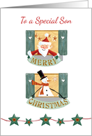Special Son Christmas Santa and Snowman Windows card