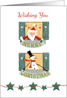 Wishing You Merry Christmas Santa and Snowman Windows card