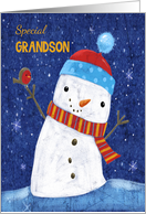 Grandson Cute Naive Style Snowman with Robin Bird card