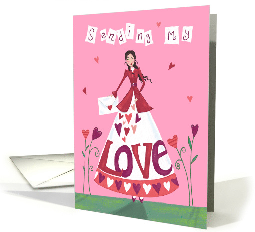 Sending Love Girl Dressed Pink Hearts card (1594848)