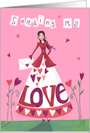 Sending Love Girl Dressed Pink Hearts card