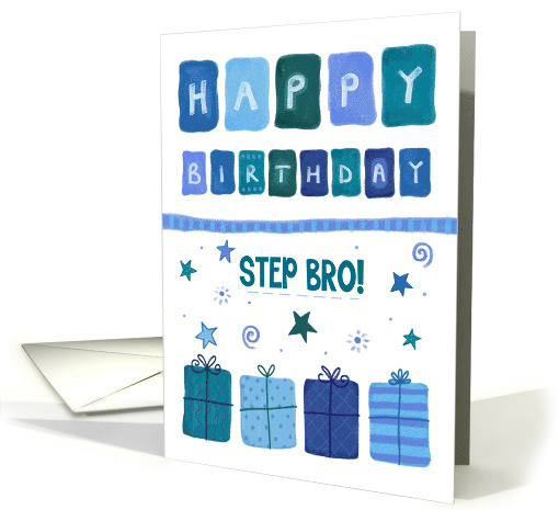 Happy Birthday Step Bro (Brother) Blue Patterned Gifts card (1596212)
